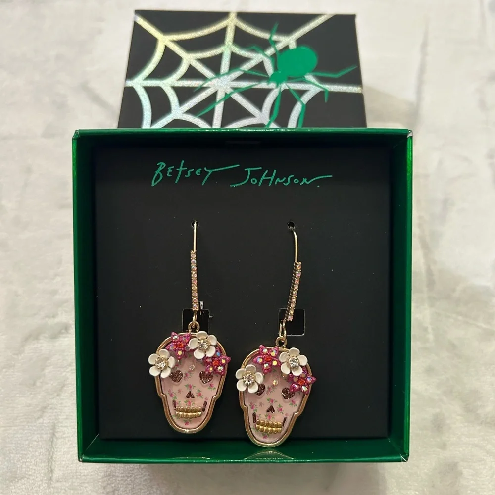 Betsey Johnson Sugar Skull Drop Earrings Rhinestone Floral NWT